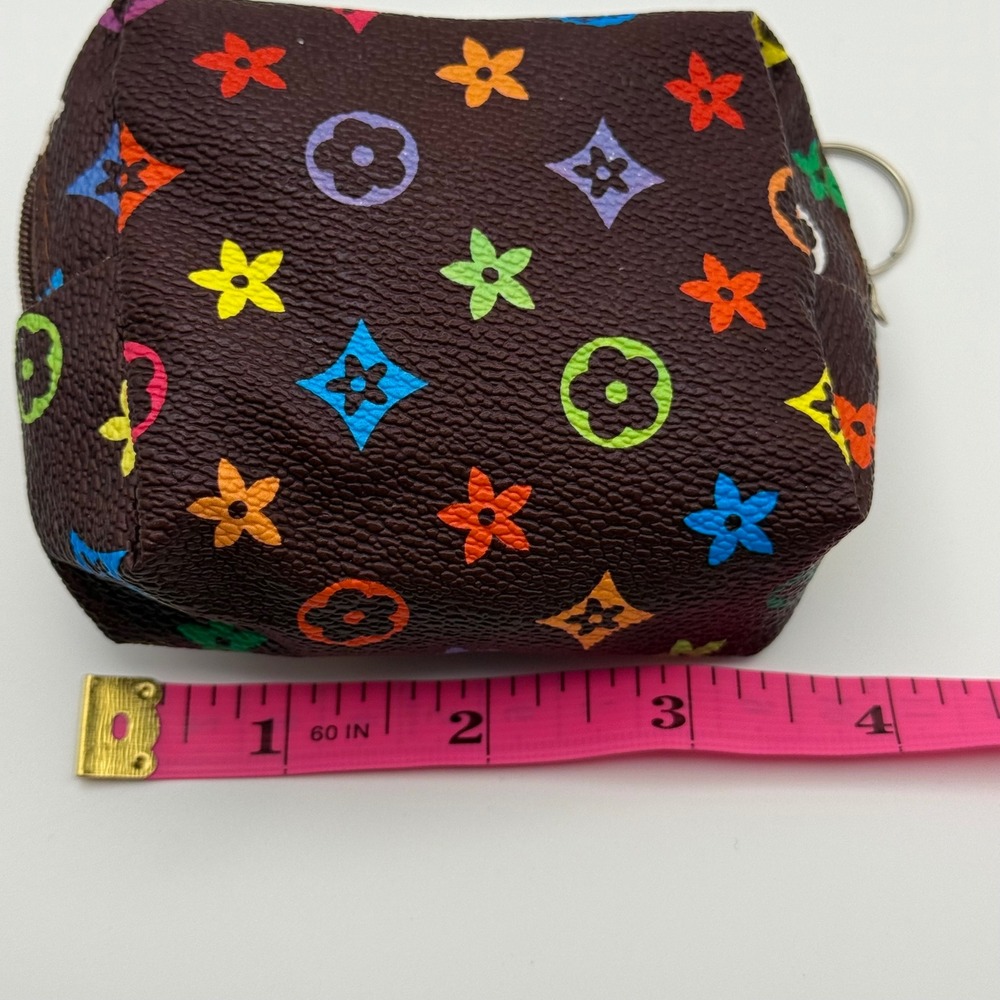 Small Zipper Pouch Cosmetic Bag Keychain Colorful Monogram Pattern Brown - Picture 4 of 5
